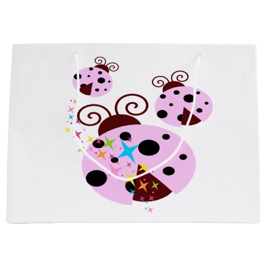 ピンク3および星を持つ黒いてんとう虫 ラージペーパーバッグ (正面)