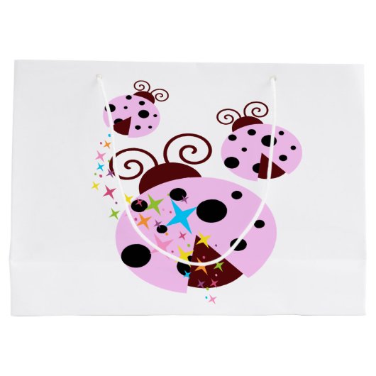 ピンク3および星を持つ黒いてんとう虫 ラージペーパーバッグ (裏面)