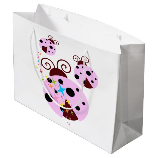 ピンク3および星を持つ黒いてんとう虫 ラージペーパーバッグ (裏面アングル)
