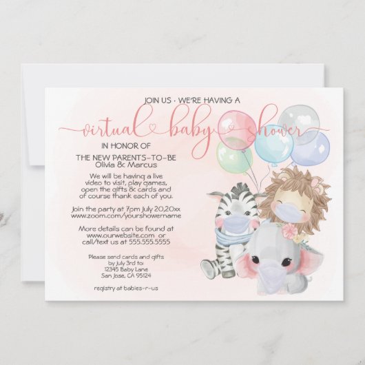 ピンク3かわいい動物のマスクのバーチャル赤ちゃんシャワー 招待状 (正面)