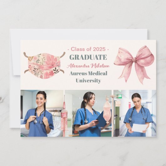 ピンク3写真水彩看護学校卒業 案内状 (正面)