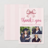 ピンク3写真赤面ボウ卒業パーティー サンキューカード (正面/裏面)