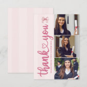 ピンク3写真赤面ボウ卒業パーティー サンキューカード (正面/裏面)