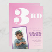 ピンク3歳の誕生日招待状ガールレトロ写真 招待状 (正面/裏面)