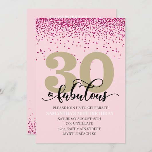 ピンク30と素晴らしい誕生日パーティーの招待 招待状 (正面/裏面)