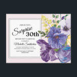 ピンク30歳の誕生日に紫色の水彩フローラ ポストカード<br><div class="desc">ピンクエレガントのサプライズ30th誕生日パーティの招待状はがき上の植物紫色と黄色の水色フローラ。</div>