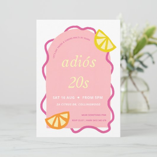 ピンク30歳の誕生日メキシカンアディオス20代パーティー 招待状 (スタンド正面)
