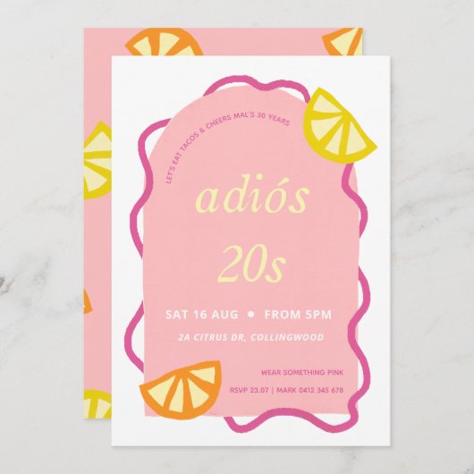 ピンク30歳の誕生日メキシカンアディオス20代パーティー 招待状 (正面/裏面)