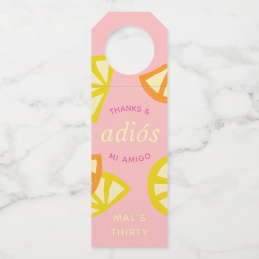 ピンク30歳の誕生日メキシコのアディオス20sのお願い ボトルネックタグ (正面)