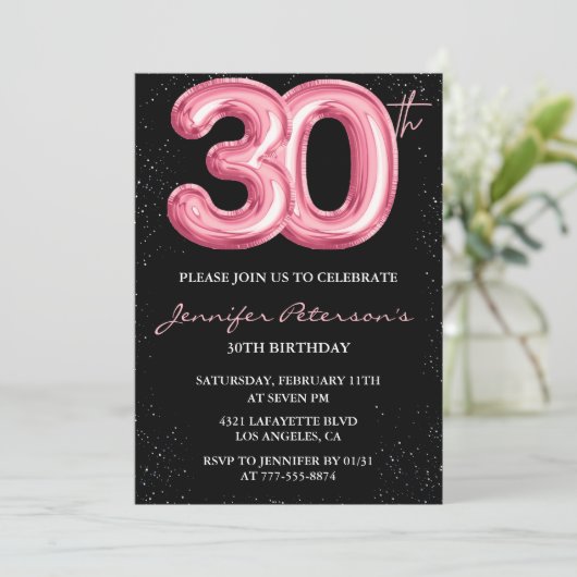 ピンク30歳の誕生日招待状バルーングラムブラック 招待状 (スタンド正面)