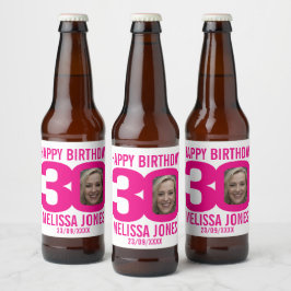 ピンク30th誕生日カスタム写真名ラベル ビールラベル