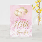 ピンク30th誕生日グリッターバルーン カード (黄色い花)