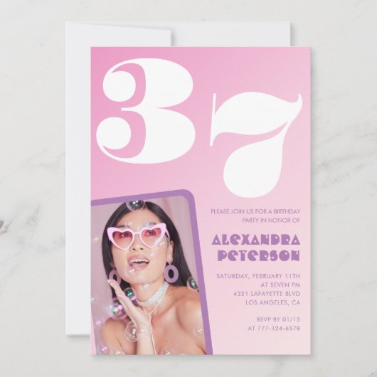 ピンク37歳の誕生日招待状レトロ写真 招待状 (正面)