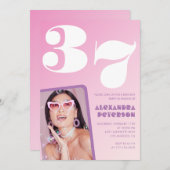 ピンク37歳の誕生日招待状レトロ写真 招待状 (正面/裏面)
