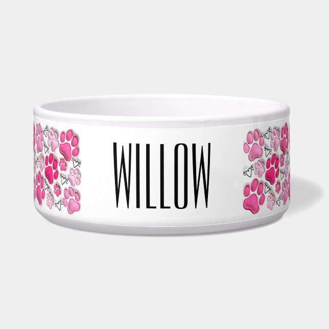 ピンク3Dポープリントとハートドッグウォーターフード ボウル (正面)