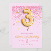 ピンク3rd誕生日招待状グリッター女の子誕生日 招待状 (正面/裏面)