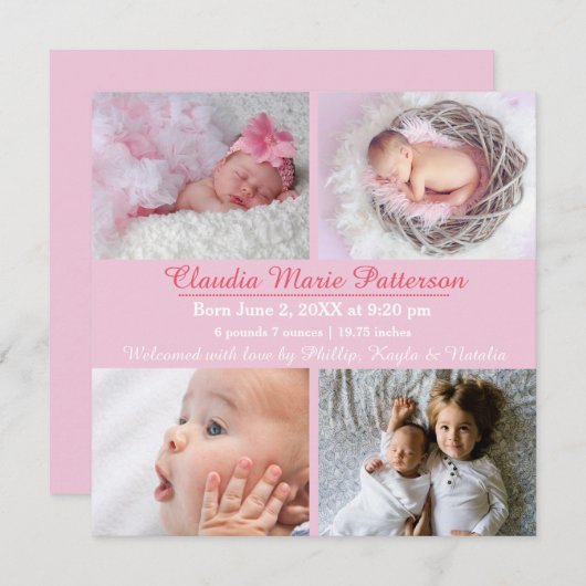 ピンク4の写真-誕生の発表 案内状 (正面/裏面)