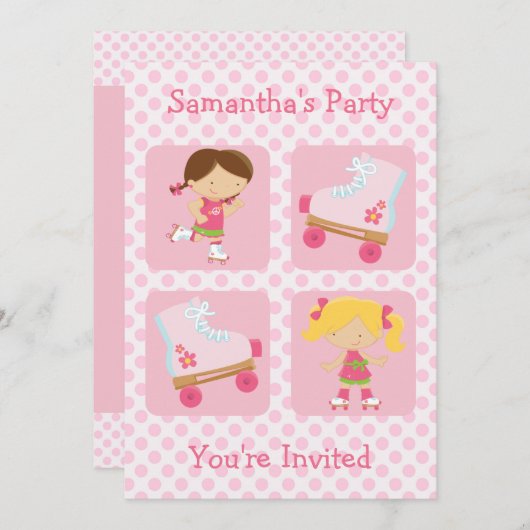 ピンク4の正方形のローラースケートのパーティの招待状 招待状 (正面/裏面)