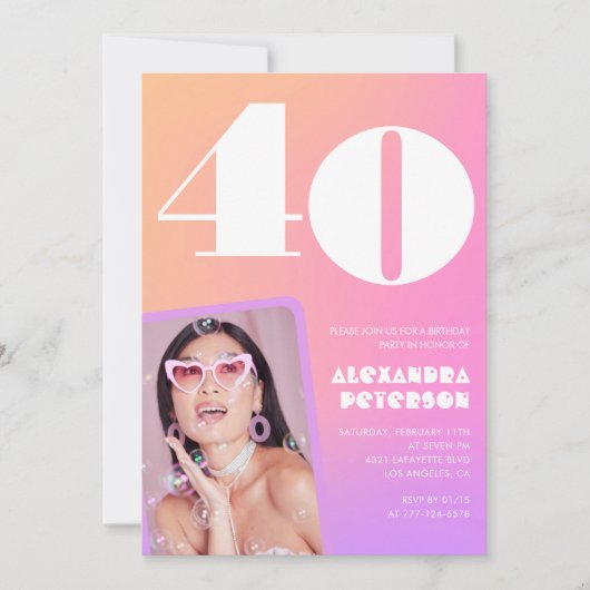ピンク40歳の誕生日招待状レトロ写真 招待状 (正面)