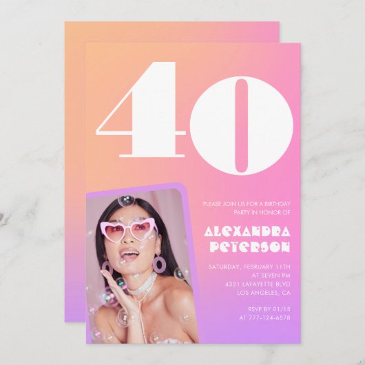 ピンク40歳の誕生日招待状レトロ写真 招待状 (正面/裏面)