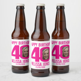 ピンク40th誕生日カスタム写真名ラベル ビールラベル