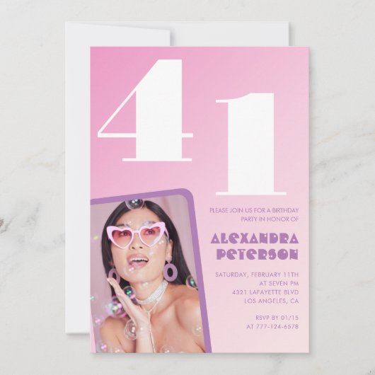 ピンク41歳の誕生日招待状レトロ写真 招待状 (正面)