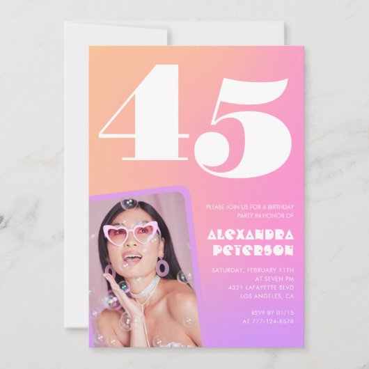 ピンク45歳の誕生日招待状レトロ写真 招待状 (正面)