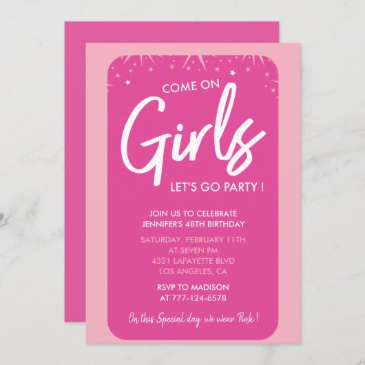 ピンク48th誕生日招待状ガールトレンディー ガーリー 招待状 (正面/裏面)