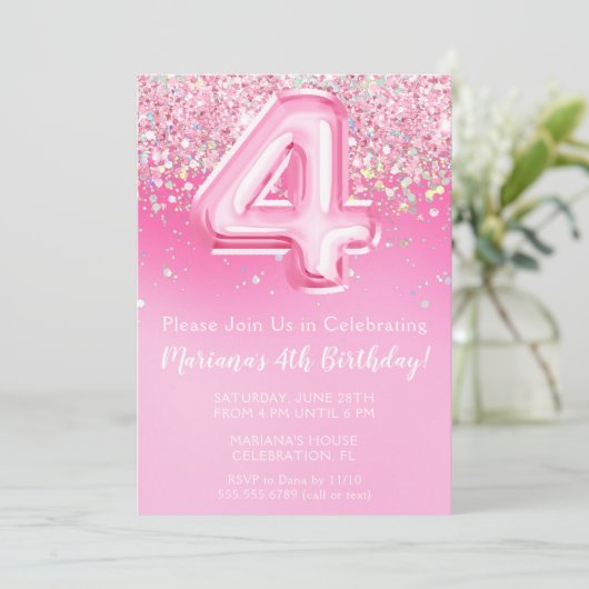 ピンク4th誕生日招待状ガーリーピンクグリッター 招待状 (スタンド正面)