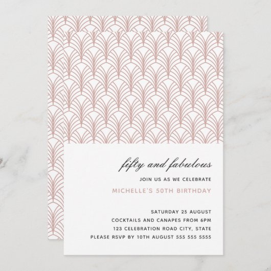 ピンク50と素晴らしいアールデコ50歳の誕生日 招待状 (正面/裏面)