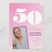 ピンク50歳の誕生日招待状レトロ写真 招待状 (正面/裏面)