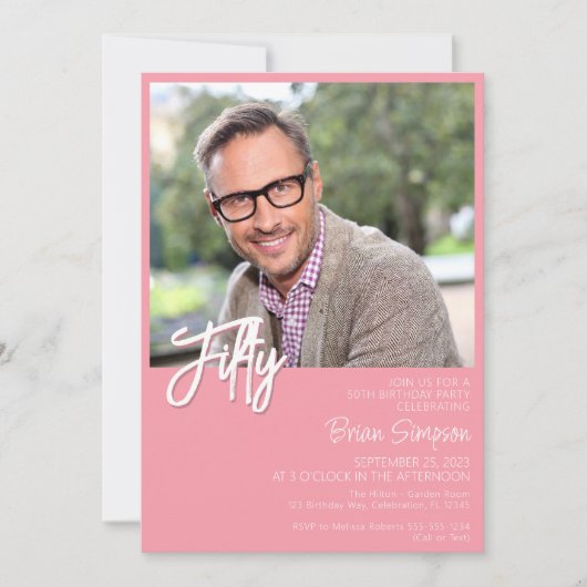 ピンク50誕生日写真 招待状 (正面)