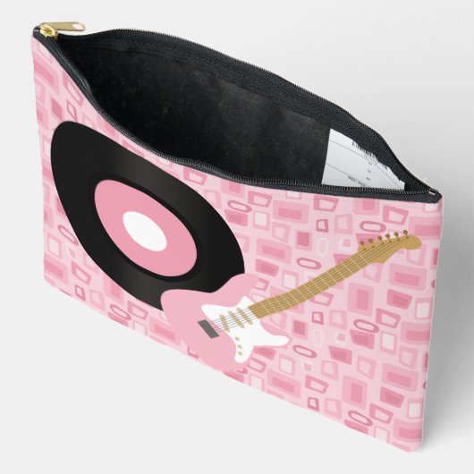 ピンク50Sテーマ45レコードとエレキギター アクセサリーポーチ (見開き)