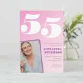 ピンク55歳の誕生日招待状レトロ写真 招待状 (スタンド正面)