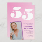 ピンク55歳の誕生日招待状レトロ写真 招待状 (正面/裏面)