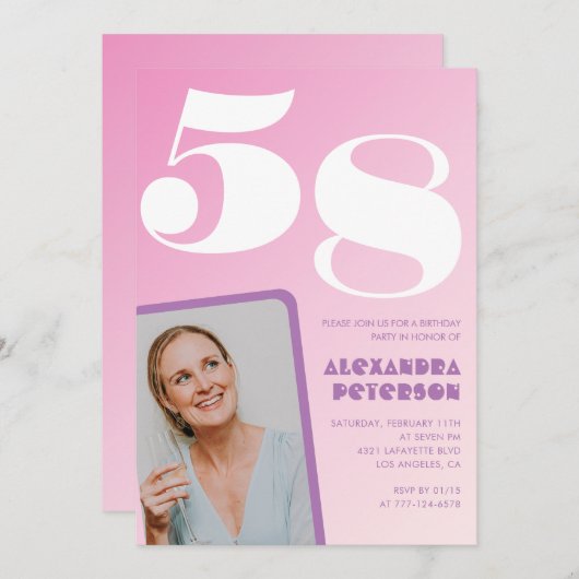 ピンク58歳の誕生日招待状レトロ写真 招待状 (正面/裏面)