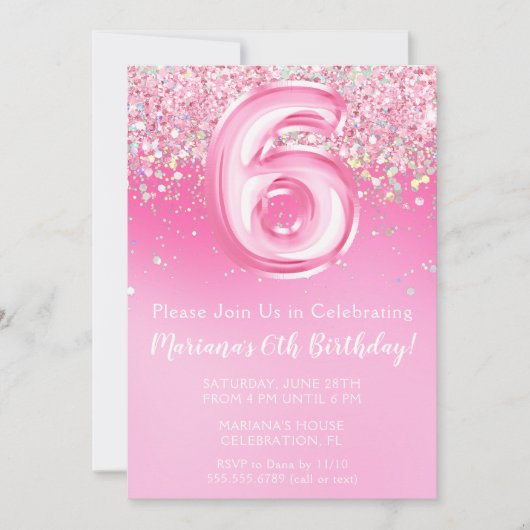 ピンク6誕生日招待状ガーリーピンクグリッター 招待状 (正面)