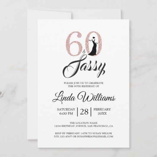 ピンク60とサッシー | 第60回バースデーパーティーへの招待 招待状 (正面)