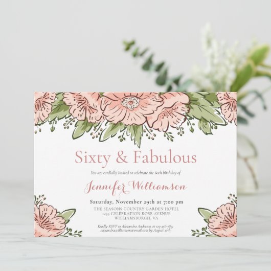 ピンク60歳と素晴らしいフローラ60歳の誕生日パーティー 招待状 (スタンド正面)