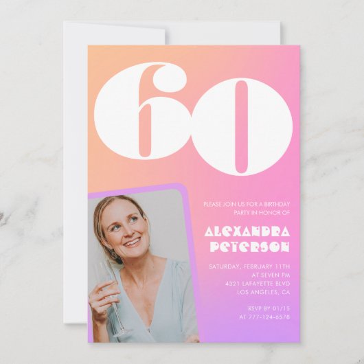 ピンク60歳の誕生日招待状のレトロ写真 招待状 (正面)