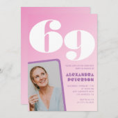 ピンク69歳の誕生日招待状レトロ写真 招待状 (正面/裏面)