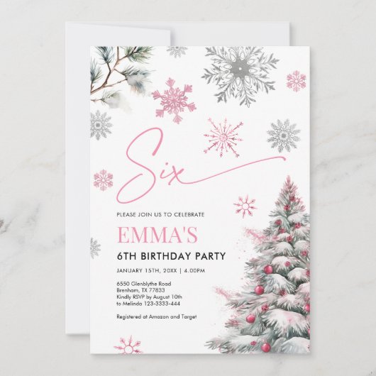 ピンク6th誕生日招待状ウィンターシックス誕生日 招待状 (正面)