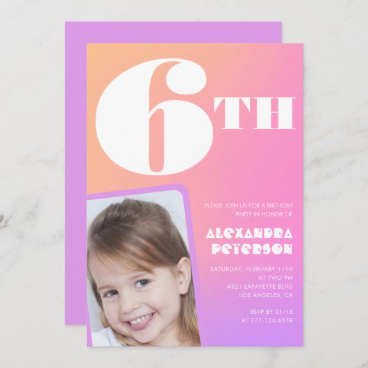 ピンク6th誕生日招待状カラフル写真 招待状 (正面/裏面)