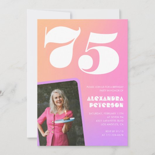 ピンク75歳の誕生日招待状のレトロ写真 招待状 (正面)