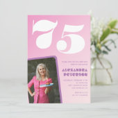 ピンク75歳の誕生日招待状レトロ写真 招待状 (スタンド正面)