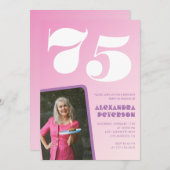 ピンク75歳の誕生日招待状レトロ写真 招待状 (正面/裏面)