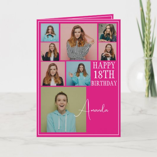 ピンク8モダンフォトコラージュ18誕生日 カード (正面)