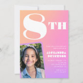 ピンク8歳の誕生日招待状カラフル写真 招待状 (正面)