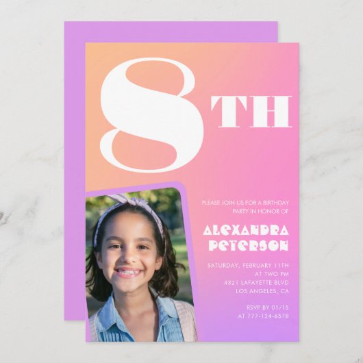 ピンク8歳の誕生日招待状カラフル写真 招待状 (正面/裏面)