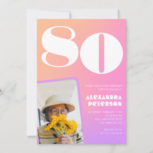 ピンク80歳の誕生日招待状のレトロ写真 招待状 (正面)